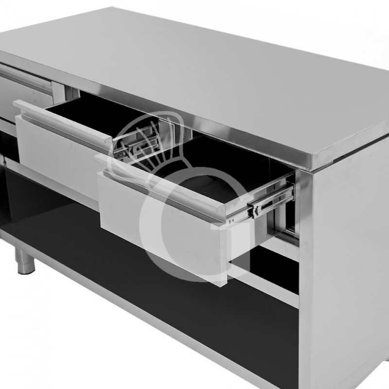 Tavolo a giorno in acciaio inox con 3 cassetti, L 1400 mm x P 600 mm x H 850 mm