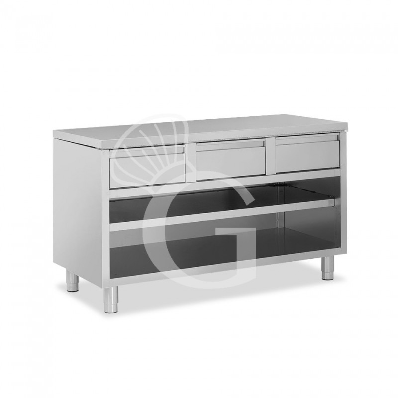 Tavolo a giorno in acciaio inox con 3 cassetti, L 1400 mm x P 700 mm x H 850 mm