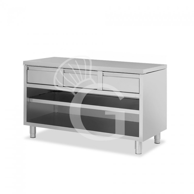Tavolo a giorno in acciaio inox con 3 cassetti, L 1400 mm x P 700 mm x H 850 mm