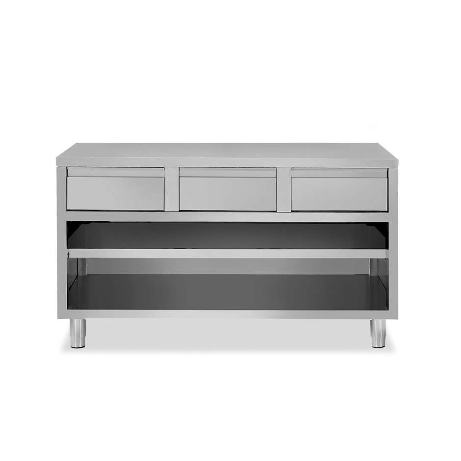 Tavolo a giorno in acciaio inox con 3 cassetti, L 1600 mm x P 600 mm x H 850 mm
