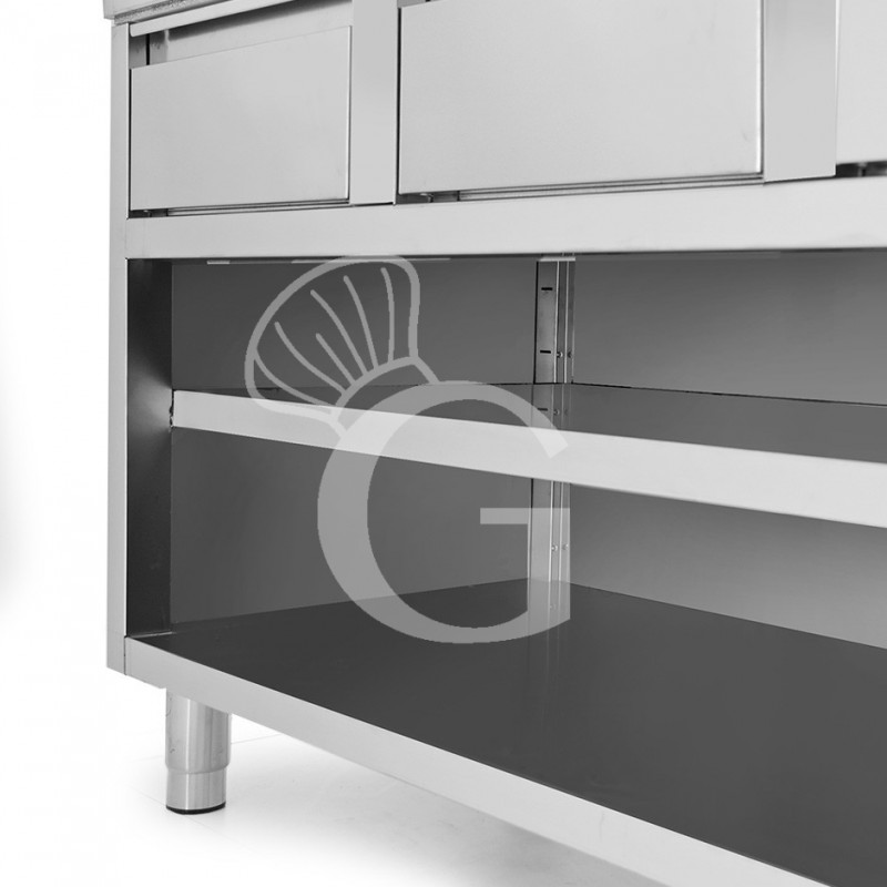 Tavolo a giorno in acciaio inox con 3 cassetti, L 1600 mm x P 700 mm x H 850 mm