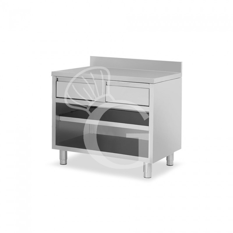 Tavolo a giorno in acciaio inox con 2 cassetti, alzatina, L 1000 mm x P 700 mm x H 950 mm