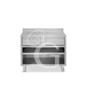 Tavolo a giorno in acciaio inox con 2 cassetti, alzatina, L 1000 mm x P 600 mm x H 950 mm