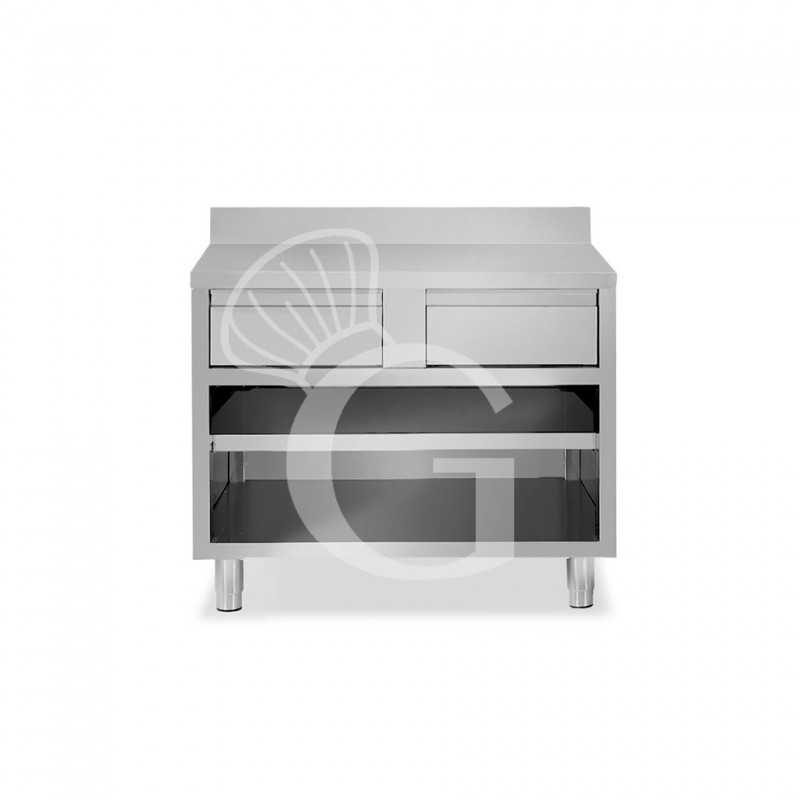 Tavolo a giorno in acciaio inox con 2 cassetti, alzatina, L 1200 mm x P 600 mm x H 950 mm Tavolo a giorno in acciaio inox con 2 cassetti, alzatina, L 1200 mm x P 600 mm x H 950 mm