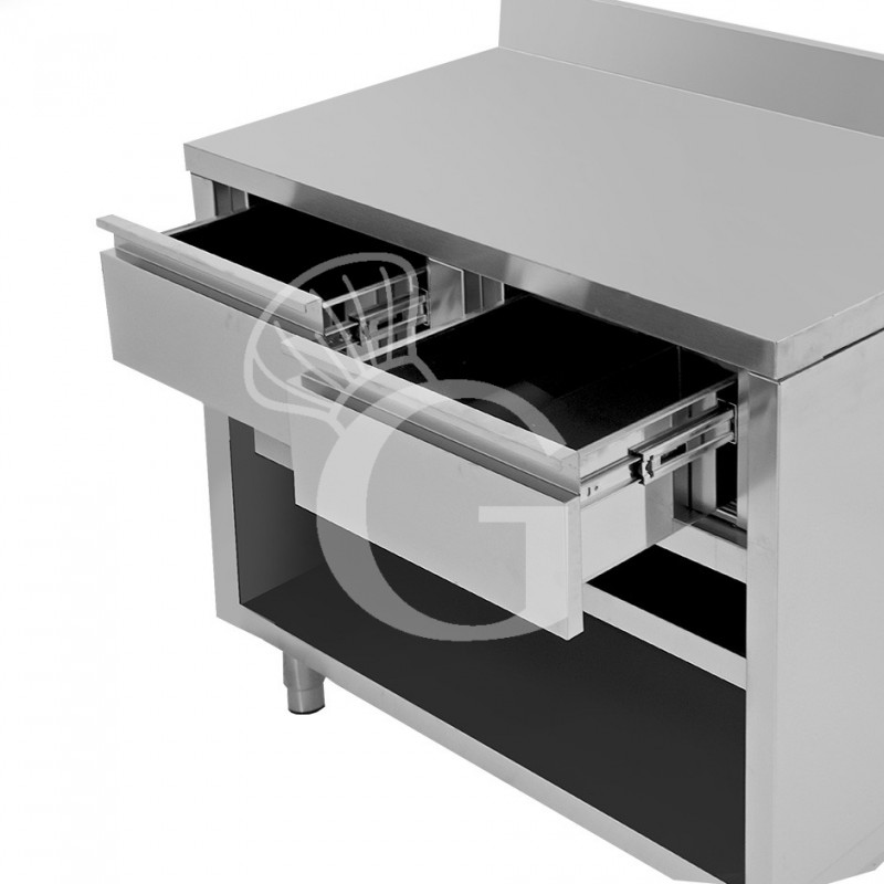 Tavolo a giorno in acciaio inox con 2 cassetti, alzatina, L 1200 mm x P 600 mm x H 950 mm