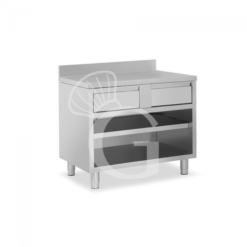 Tavolo a giorno in acciaio inox con 2 cassetti, alzatina, L 1200 mm x P 700 mm x H 950 mm