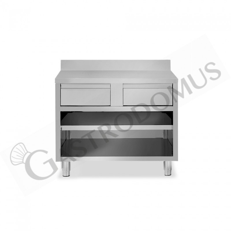 Tavolo a giorno in acciaio inox con 2 cassetti, alzatina, L 1200 mm x P 700 mm x H 950 mm Tavolo a giorno in acciaio inox con 2 cassetti, alzatina, L 1200 mm x P 700 mm x H 950 mm