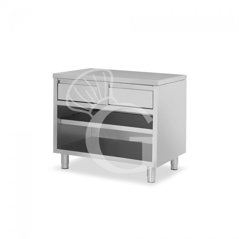 Tavolo a giorno in acciaio inox con 2 cassetti, L 1000 mm x P 600 mm x H 850 mm