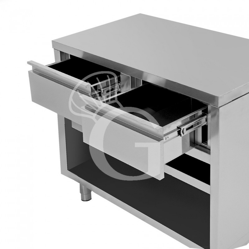 Tavolo a giorno in acciaio inox con 2 cassetti, L 1000 mm x P 600 mm x H 850 mm