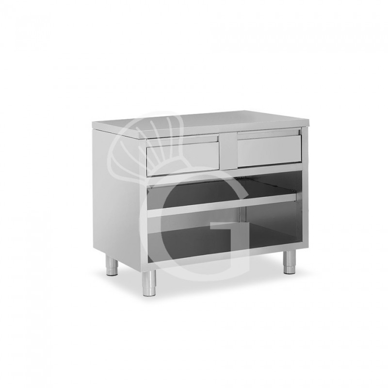 Tavolo a giorno in acciaio inox con 2 cassetti, L 1000 mm x P 700 mm x H 850 mm