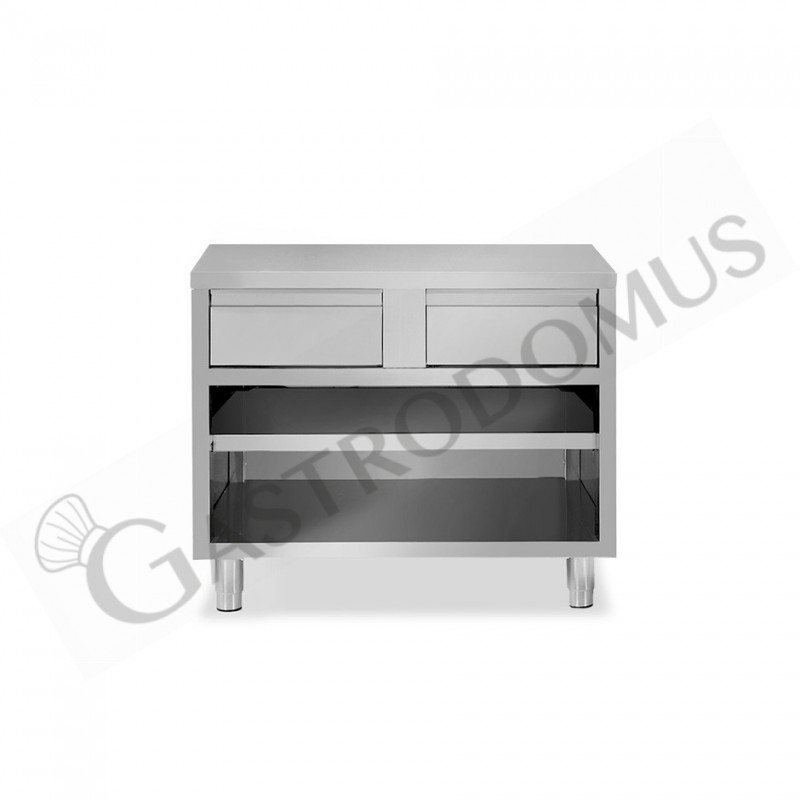 Tavolo a giorno in acciaio inox con 2 cassetti, L 1000 mm x P 700 mm x H 850 mm Tavolo a giorno in acciaio inox con 2 cassetti, L 1000 mm x P 700 mm x H 850 mm