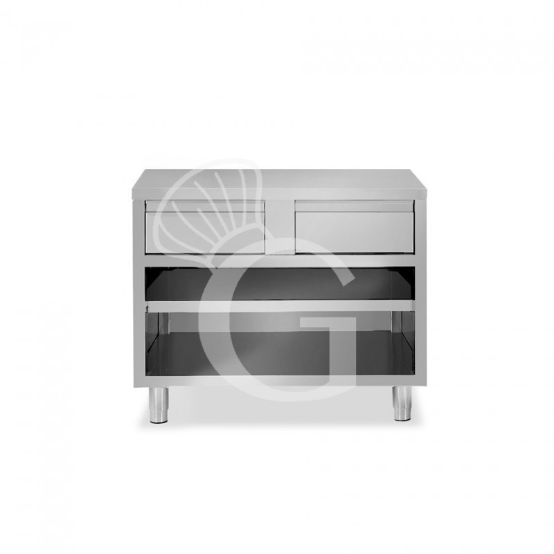 Tavolo a giorno in acciaio inox con 2 cassetti, L 1200 mm x P 600 mm x H 850 mm Tavolo a giorno in acciaio inox con 2 cassetti, L 1200 mm x P 600 mm x H 850 mm