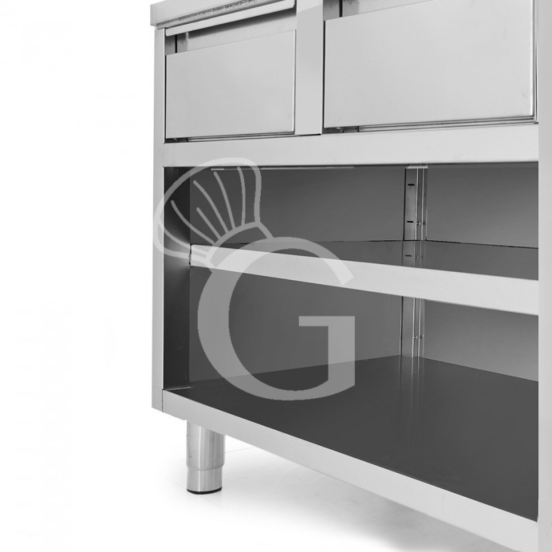 Tavolo a giorno in acciaio inox con 2 cassetti, L 1200 mm x P 600 mm x H 850 mm