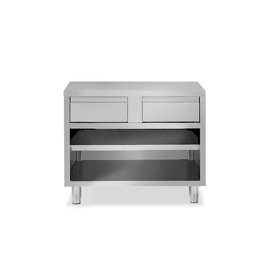 Tavolo a giorno in acciaio inox con 2 cassetti, L 1200 mm x P 700 mm x H 850 mm
