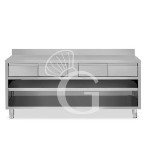 Tavolo a giorno in acciaio inox con 4 cassetti, alzatina, L 1800 mm x P 600 mm x H 950 mm
