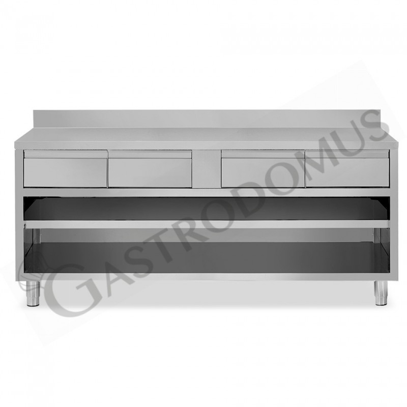 Tavolo a giorno in acciaio inox con 4 cassetti, alzatina, L 1800 mm x P 700 mm x H 950 mm Tavolo a giorno in acciaio inox con 4 cassetti, alzatina, L 1800 mm x P 700 mm x H 950 mm