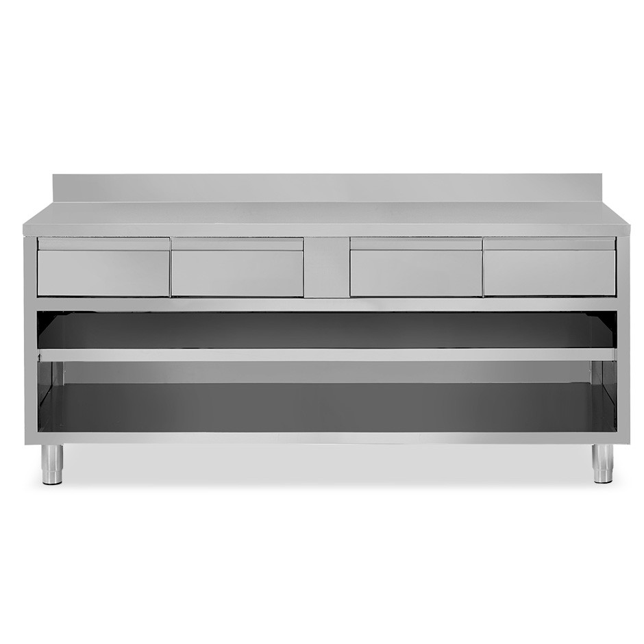 Tavolo a giorno in acciaio inox con 4 cassetti, alzatina, L 2000 mm x P 600 mm x H 950 mm