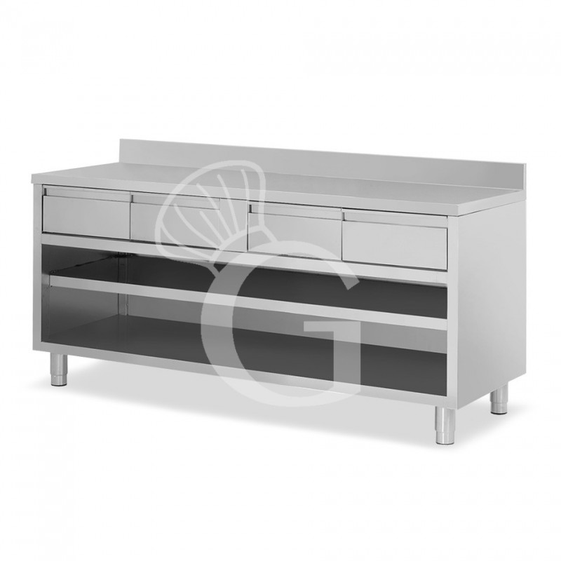 Tavolo a giorno in acciaio inox con 4 cassetti, alzatina, L 2000 mm x P 600 mm x H 950 mm