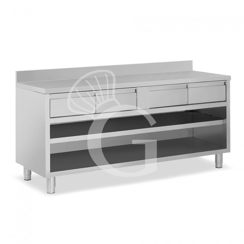 Tavolo a giorno in acciaio inox con 4 cassetti, alzatina, L 2000 mm x P 600 mm x H 950 mm