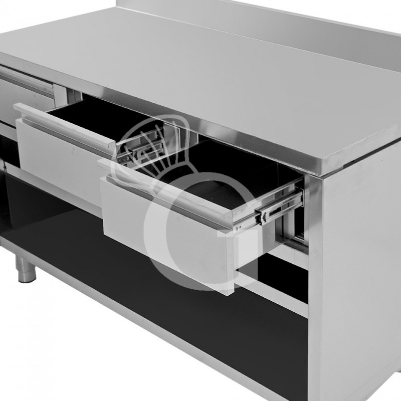 Tavolo a giorno in acciaio inox con 4 cassetti, alzatina, L 2000 mm x P 600 mm x H 950 mm