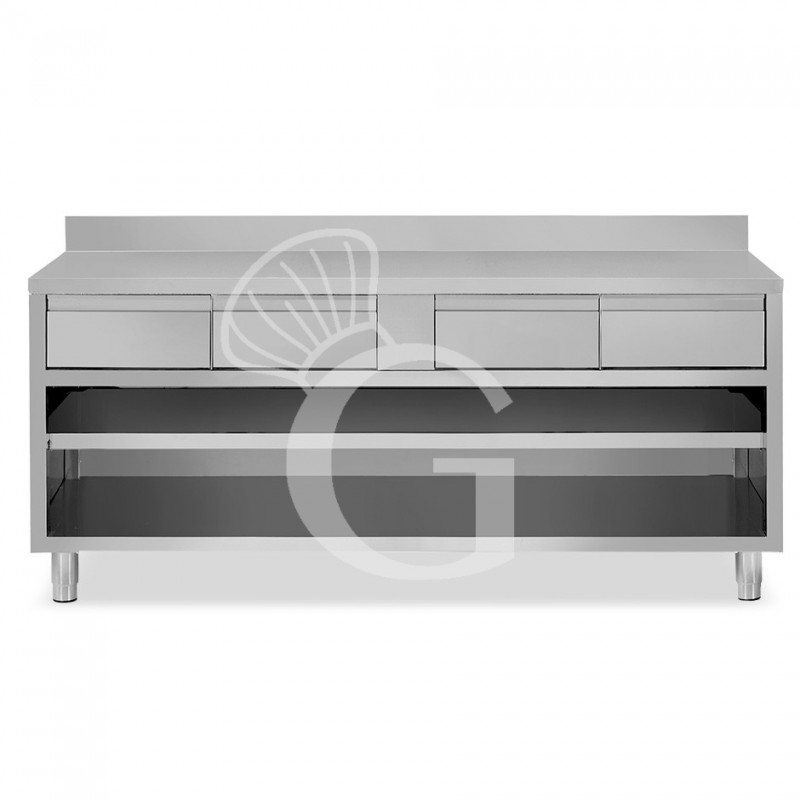 Tavolo a giorno in acciaio inox con 4 cassetti, alzatina, L 2000 mm x P 700 mm x H 950 mm