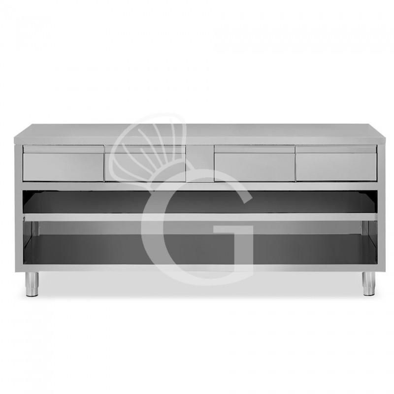 Tavolo a giorno in acciaio inox con 4 cassetti, L 1800 mm x P 600 mm x H 850 mm Tavolo a giorno in acciaio inox con 4 cassetti, L 1800 mm x P 600 mm x H 850 mm