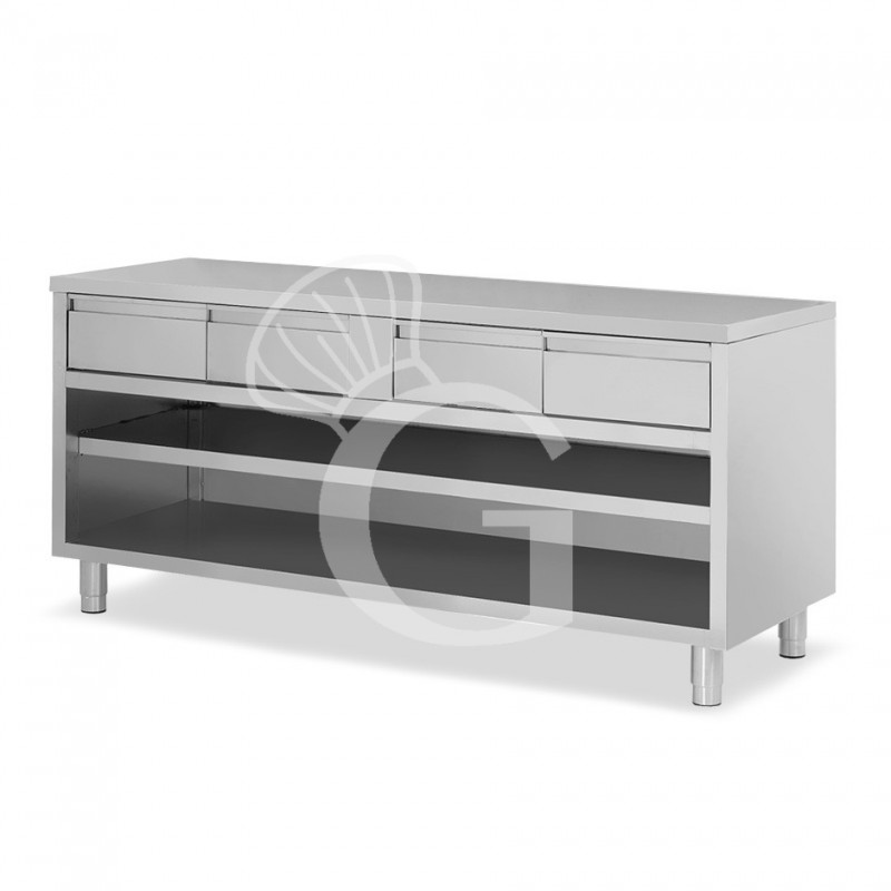 Tavolo a giorno in acciaio inox con 4 cassetti, L 1800 mm x P 700 mm x H 850 mm