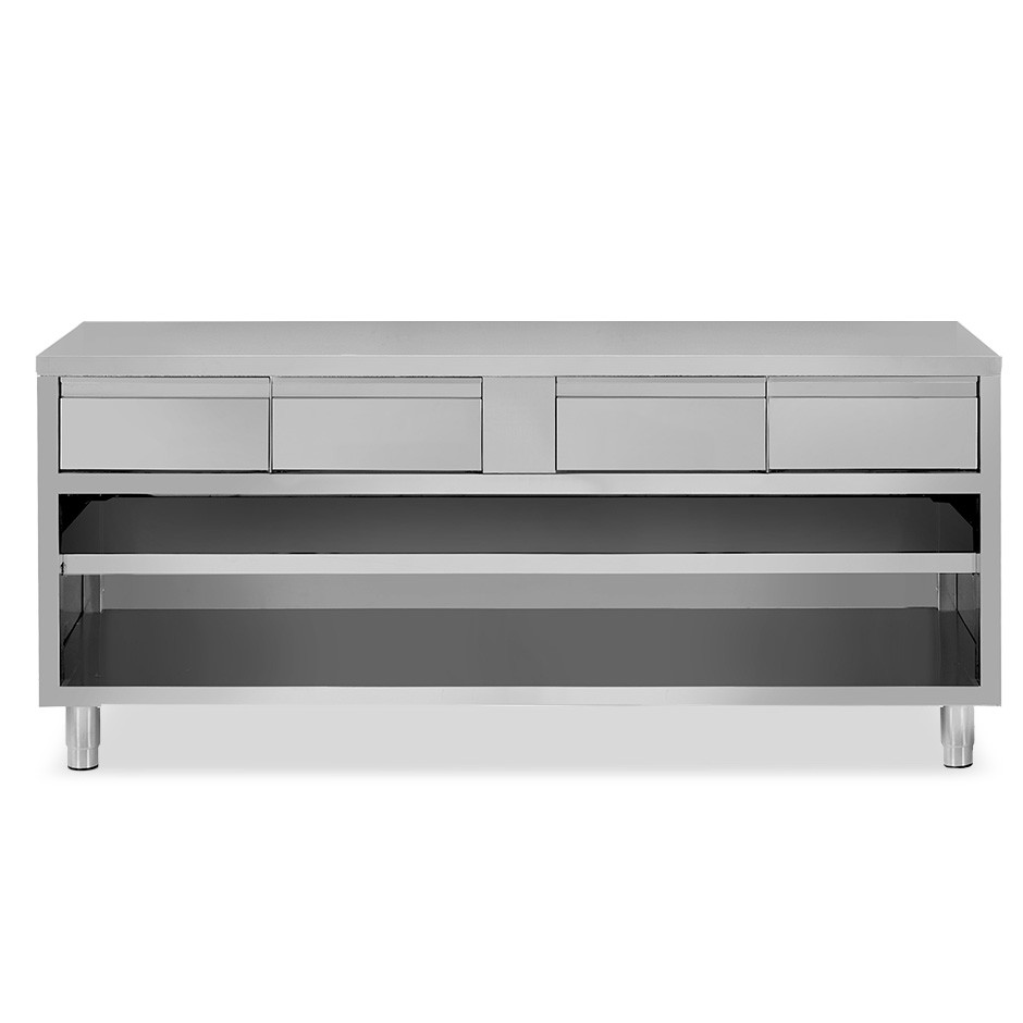 Tavolo a giorno in acciaio inox con 4 cassetti, L 1800 mm x P 700 mm x H 850 mm