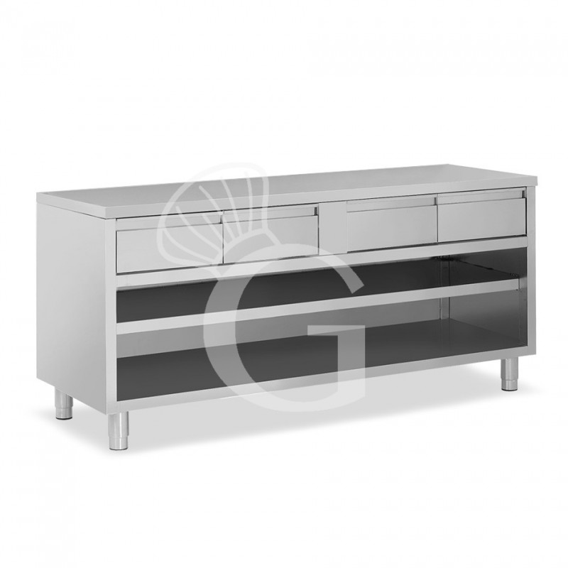Tavolo a giorno in acciaio inox con 4 cassetti, L 1800 mm x P 700 mm x H 850 mm