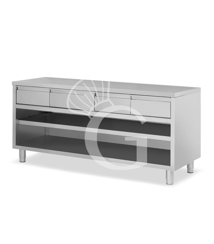 Tavolo a giorno in acciaio inox con 4 cassetti, L 2000 mm x P 700 mm x H 850 mm