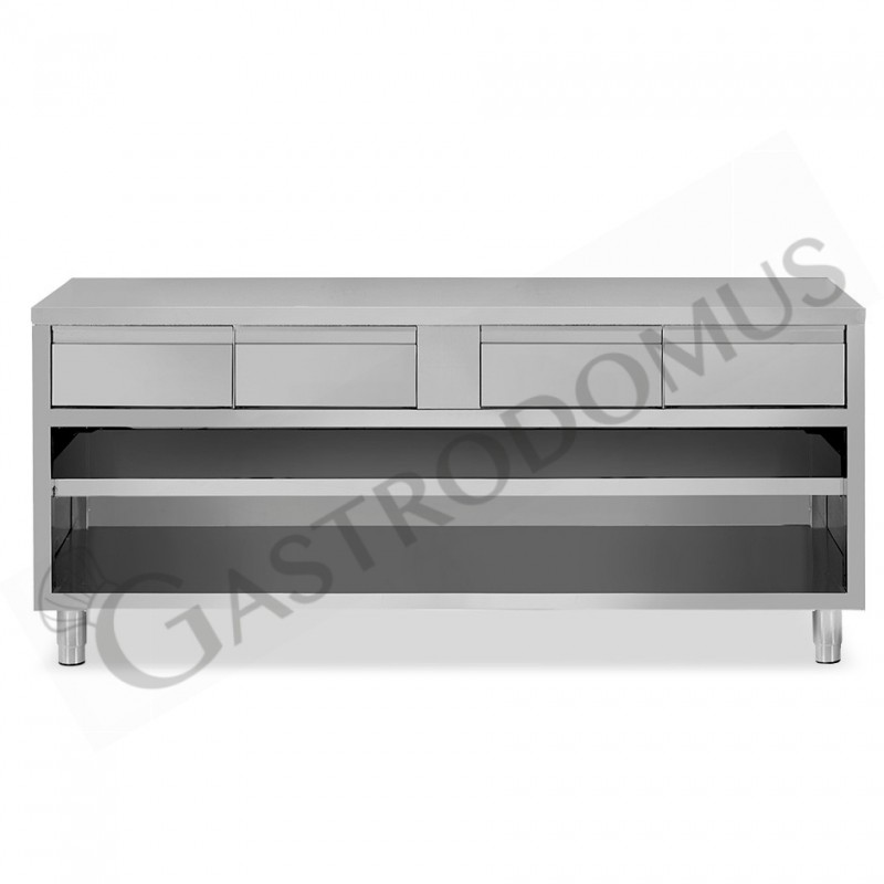 Tavolo a giorno in acciaio inox con 4 cassetti, L 2000 mm x P 700 mm x H 850 mm Tavolo a giorno in acciaio inox con 4 cassetti, L 2000 mm x P 700 mm x H 850 mm