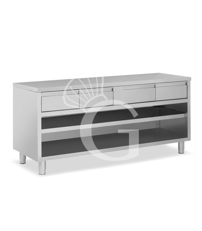 Tavolo a giorno in acciaio inox con 4 cassetti, L 2000 mm x P 700 mm x H 850 mm