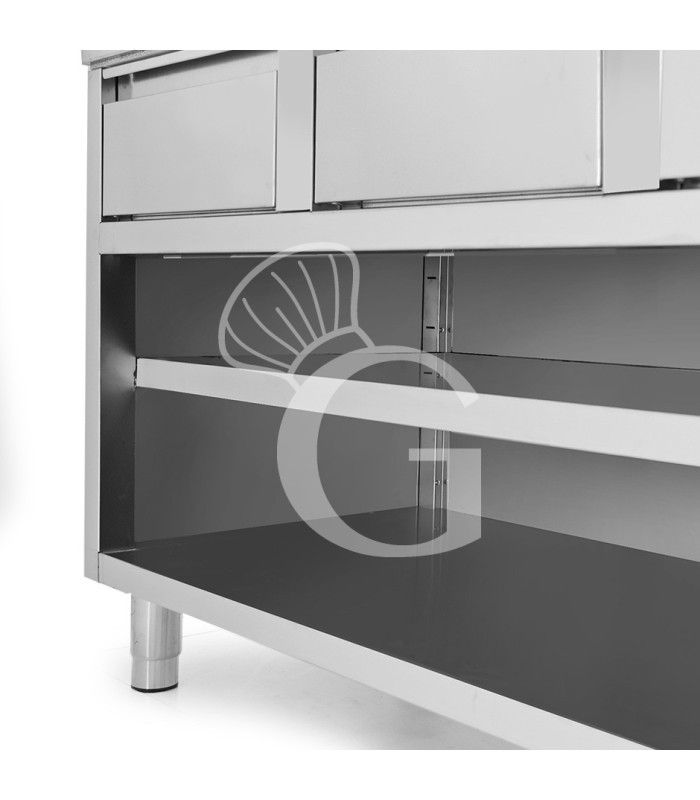 Tavolo a giorno in acciaio inox con 4 cassetti, L 2000 mm x P 700 mm x H 850 mm
