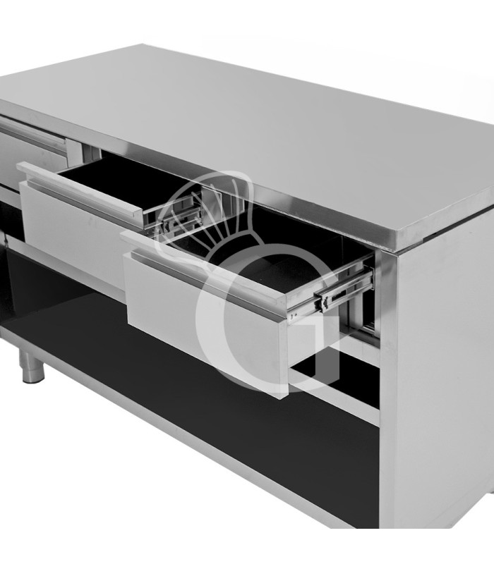 Tavolo a giorno in acciaio inox con 4 cassetti, L 2000 mm x P 700 mm x H 850 mm