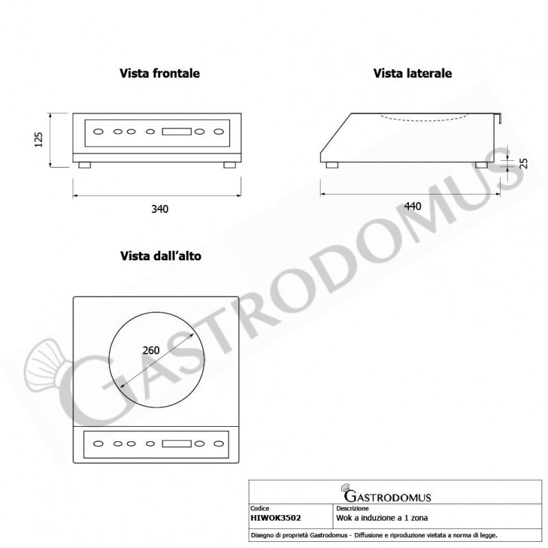 Wok a induzione 1 zona di cottura L 340 mm x P 445 mm x H 130 mm 3500 W - tecnico