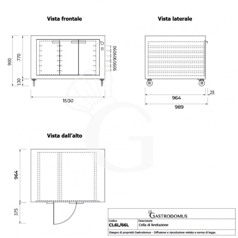Cella di Lievitazione Pizza 18 teglie 600 x 400 mm L 1500 mm x P 964 mm x H 900 mm- tecnico