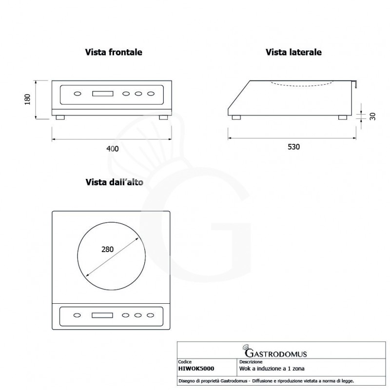 Wok a induzione 1 zona di cottura L 398 mm x P 530 mm x H 180 mm 5000 W - tecnico