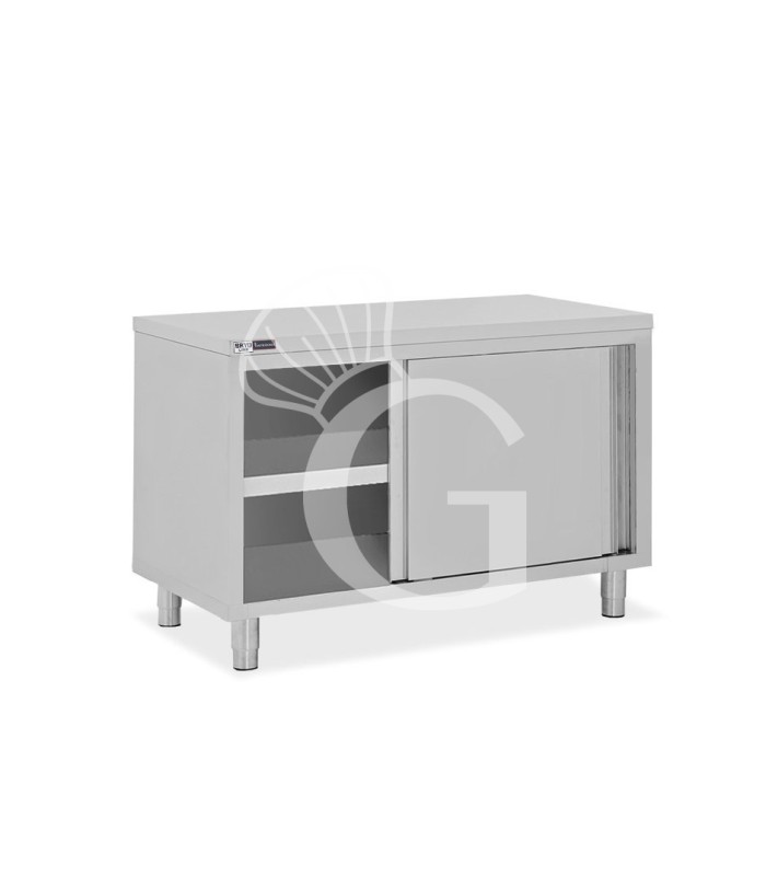 Tavolo armadiato in acciaio inox con 2 porte scorrevoli, L 1100 mm x P 700 mm x H 850 mm