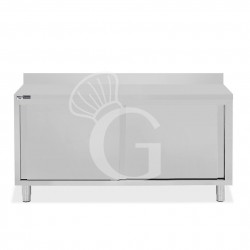 Tavolo armadiato in acciaio inox 2 porte scorrevoli, alzatina, L 2000 mm x P 600 mm x H 950 mm
