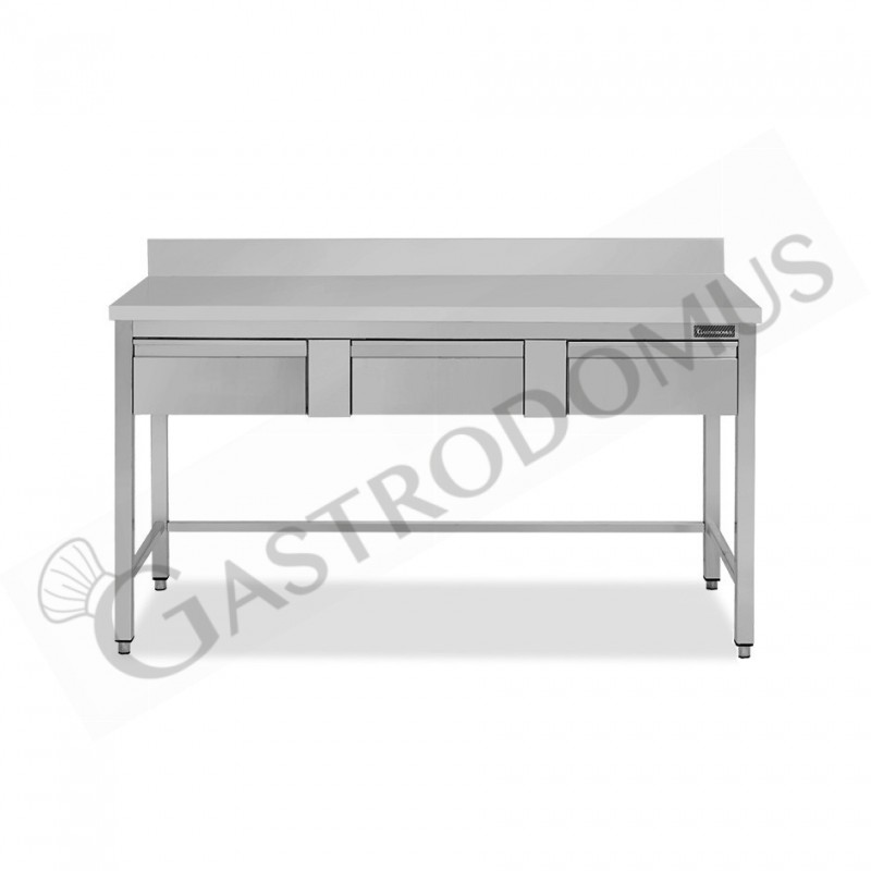 Tavolo inox 3 cassetti alzatina L 1400 mm x P 800 mm x H 950 mm Tavolo inox 3 cassetti alzatina L 1400 mm x P 800 mm x H 950 mm