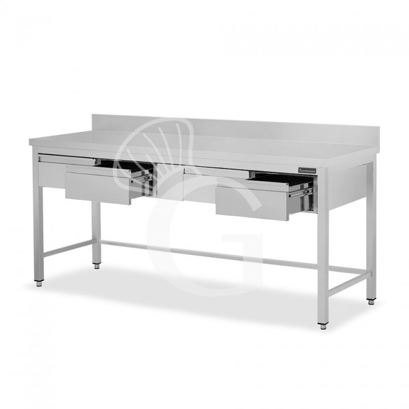 Tavolo inox 4 cassetti alzatina L 2000 mm x P 800 mm x H 950 mm