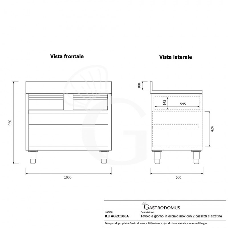 Tavolo a giorno in acciaio inox con 2 cassetti, alzatina, L 1000 mm x P 600 mm x H 950 mm- tecnico