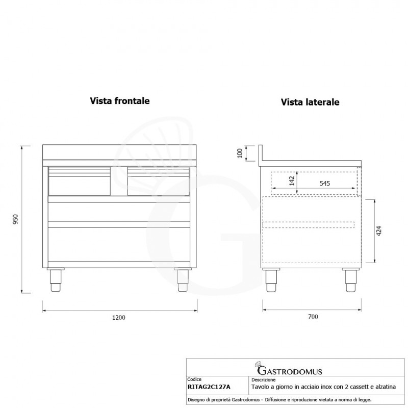 Tavolo a giorno in acciaio inox con 2 cassetti, alzatina, L 1200 mm x P 700 mm x H 950 mm - tecnico