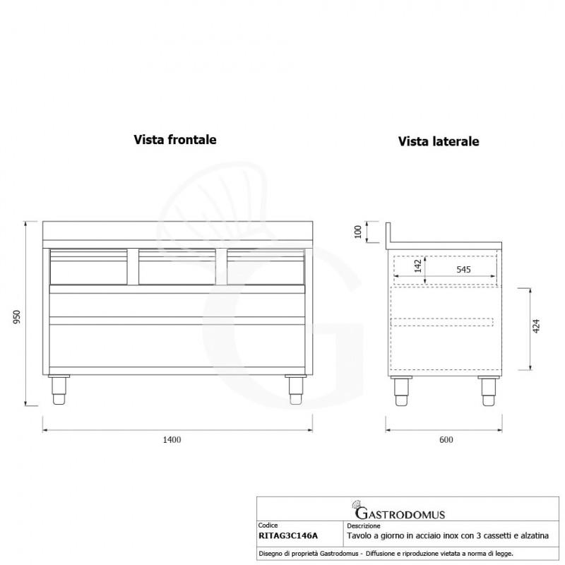 Tavolo a giorno in acciaio inox con 3 cassetti, alzatina, L 1400 mm x P 600 mm x H 950 mm - tecnico