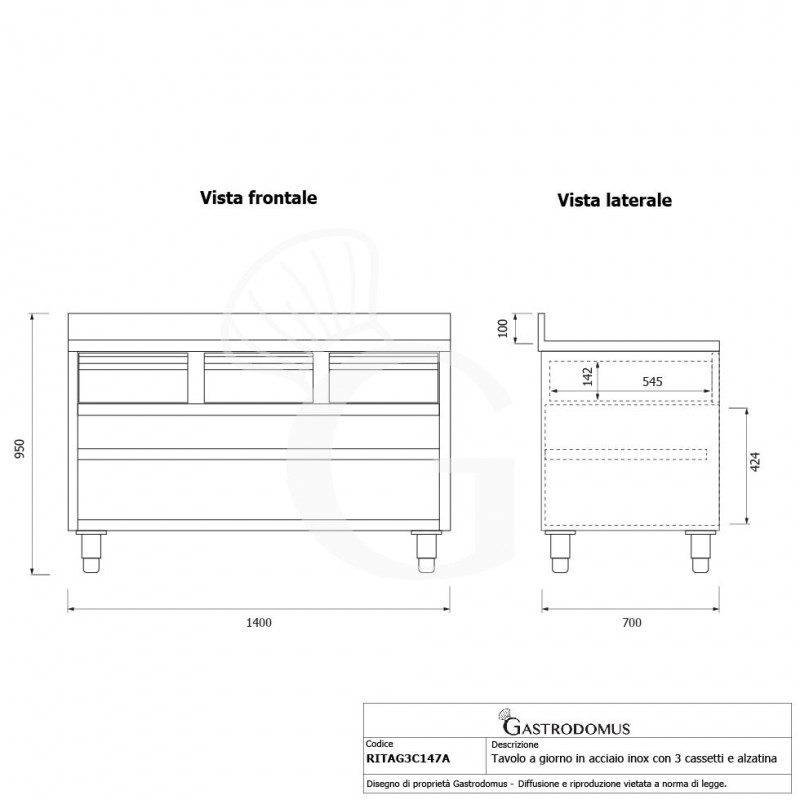Tavolo a giorno in acciaio inox con 3 cassetti, alzatina, L 1400 mm x P 700 mm x H 950 mm - tecnico