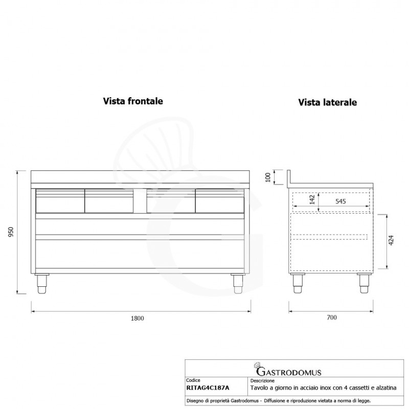 Tavolo a giorno in acciaio inox con 4 cassetti, alzatina, L 1800 mm x P 700 mm x H 950 mm - tecnico