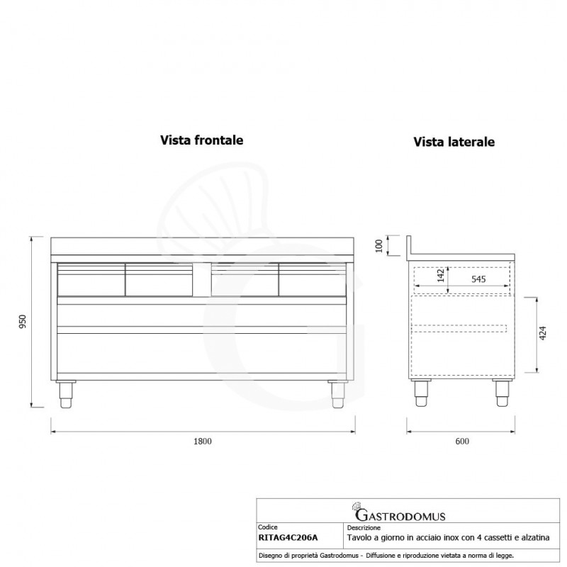 Tavolo a giorno in acciaio inox con 4 cassetti, alzatina, L 2000 mm x P 600 mm x H 950 mm - tecnico