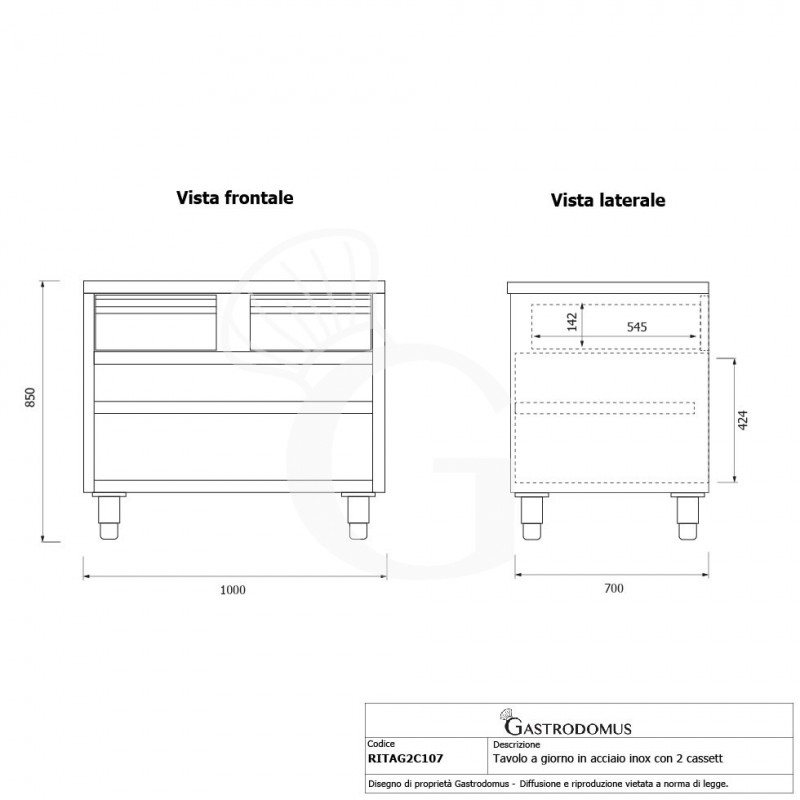 Tavolo a giorno in acciaio inox con 2 cassetti, L 1000 mm x P 700 mm x H 850 mm -tecnico