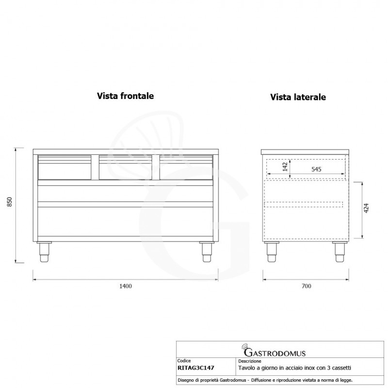 Tavolo a giorno in acciaio inox con 3 cassetti, L 1400 mm x P 700 mm x H 850 mm