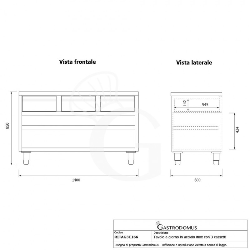 Tavolo a giorno in acciaio inox con 3 cassetti, L 1600 mm x P 600 mm x H 850 mm - tecnico